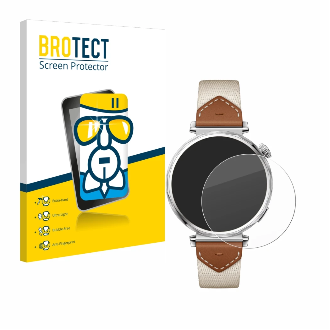 Vorderseite einer Produktverpackung mit dem Markenlogo BROTECT. Daneben ist das Gerät Huawei Watch GT 5 (41 mm) mit dem zugehö