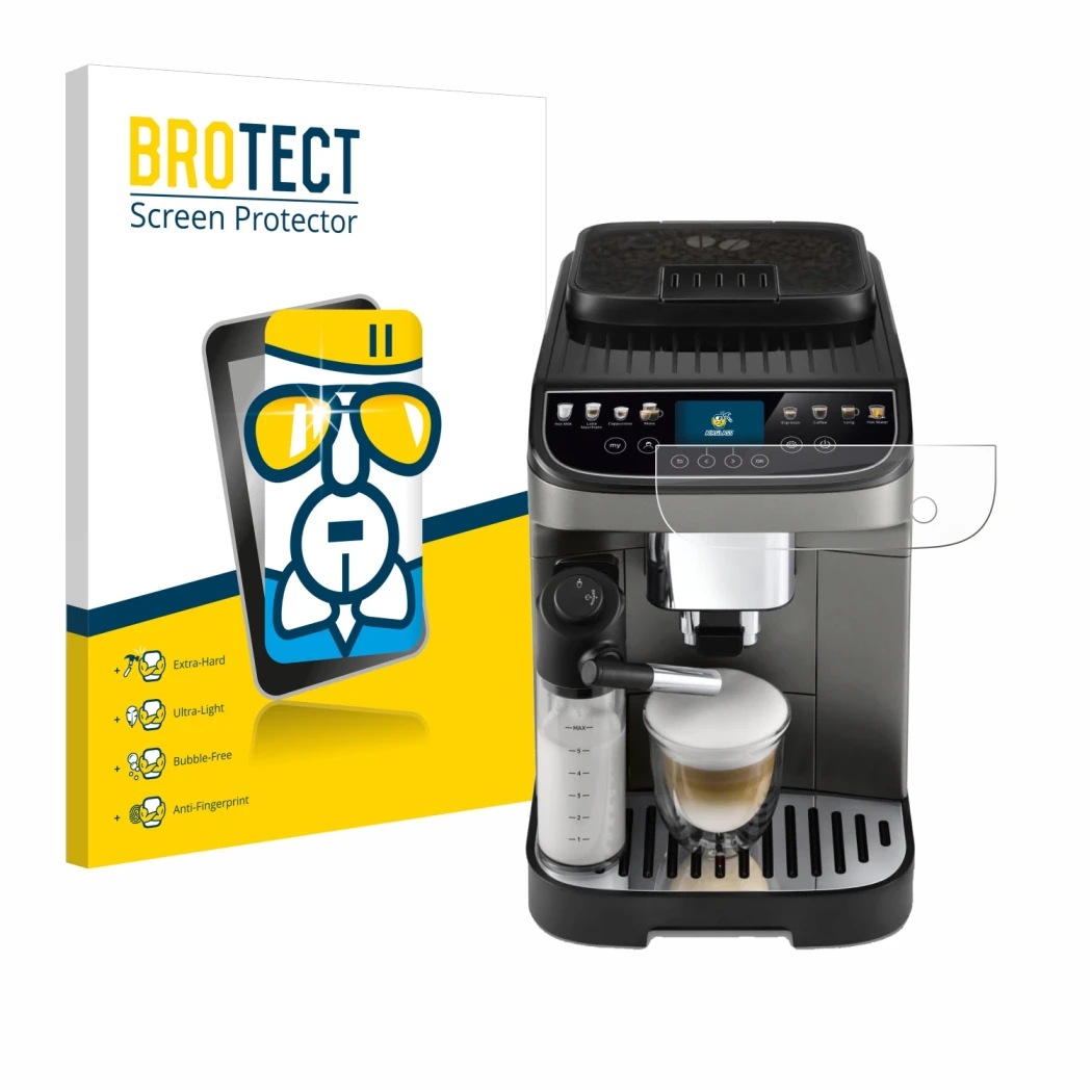 Vorderseite einer Produktverpackung mit dem Markenlogo BROTECT. Daneben ist das Gerät DeLonghi Magnifica Evo Next mit dem zuge