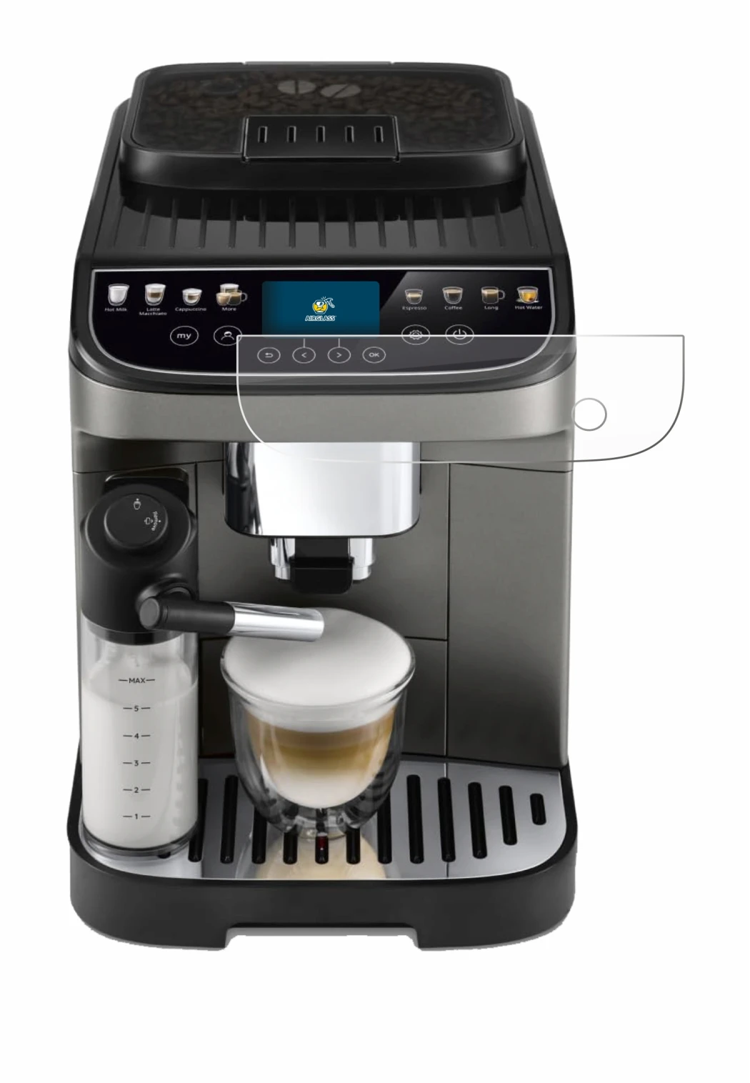 Abbildung des Geräts DeLonghi Magnifica Evo Next mit einer Vielzahl des Displayschutzes.