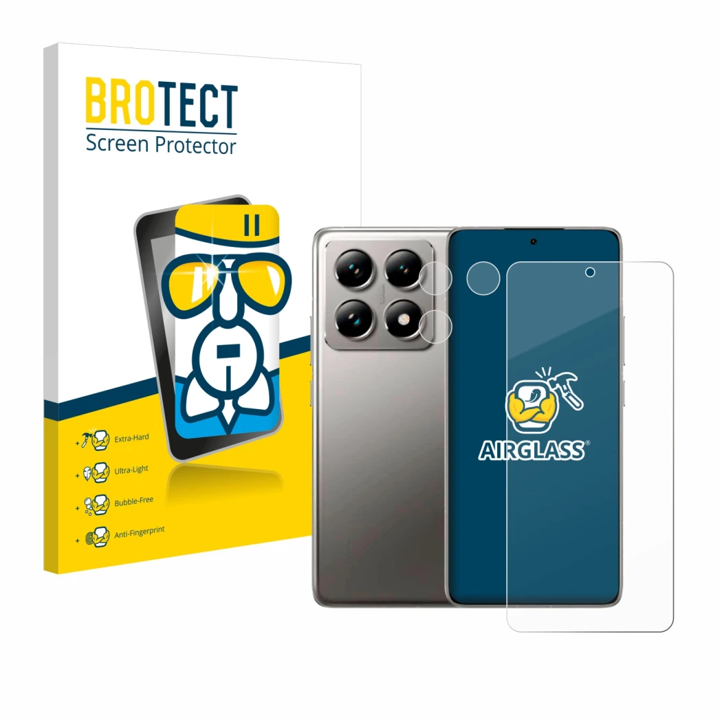 Vorderseite einer Produktverpackung mit dem Markenlogo BROTECT. Daneben ist das Gerät Xiaomi 14T (Display+Kamera) mit dem zuge