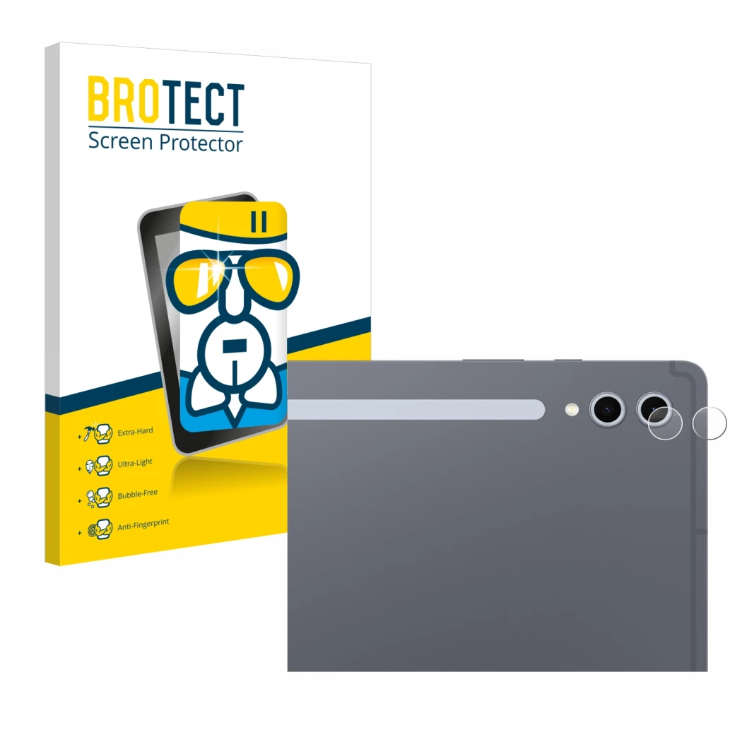 Vorderseite einer Produktverpackung mit dem Markenlogo BROTECT. Daneben ist das Gerät Samsung Galaxy Tab S10 Ultra 5G (NUR Kam