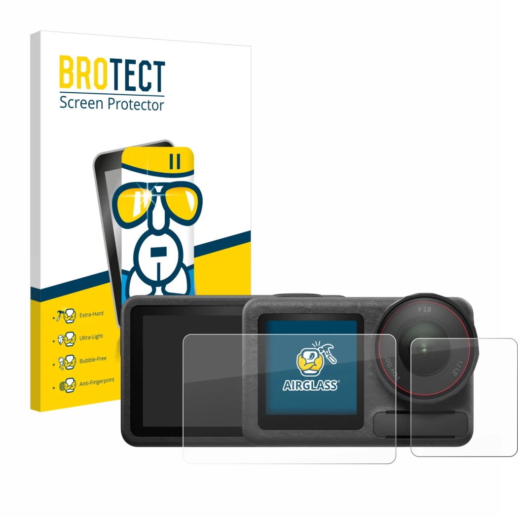 Vorderseite einer Produktverpackung mit dem Markenlogo BROTECT. Daneben ist das Gerät DJI Osmo Action 5 Pro (case-friendly) mi