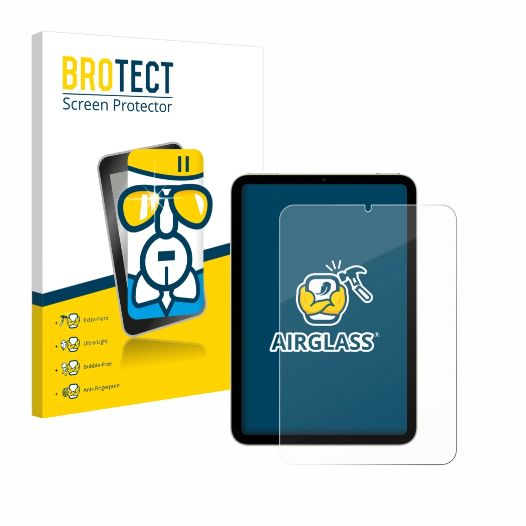 Vorderseite einer Produktverpackung mit dem Markenlogo BROTECT. Daneben ist das Gerät Apple iPad Mini 7 2024 mit dem zugehörig