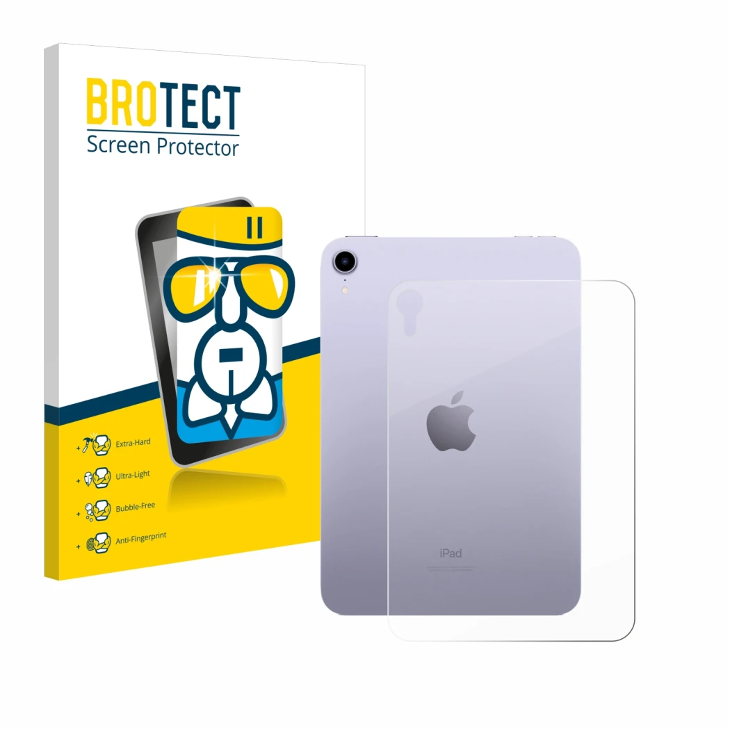 Vorderseite einer Produktverpackung mit dem Markenlogo BROTECT. Daneben ist das Gerät Apple iPad Mini 7 2024 (Rückseite) mit d