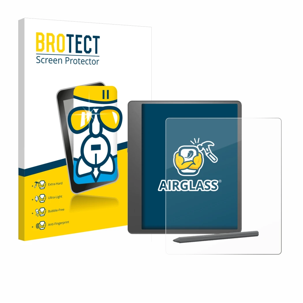 Vorderseite einer Produktverpackung mit dem Markenlogo BROTECT. Daneben ist das Gerät Amazon Kindle Scribe 2024 mit dem zugehö