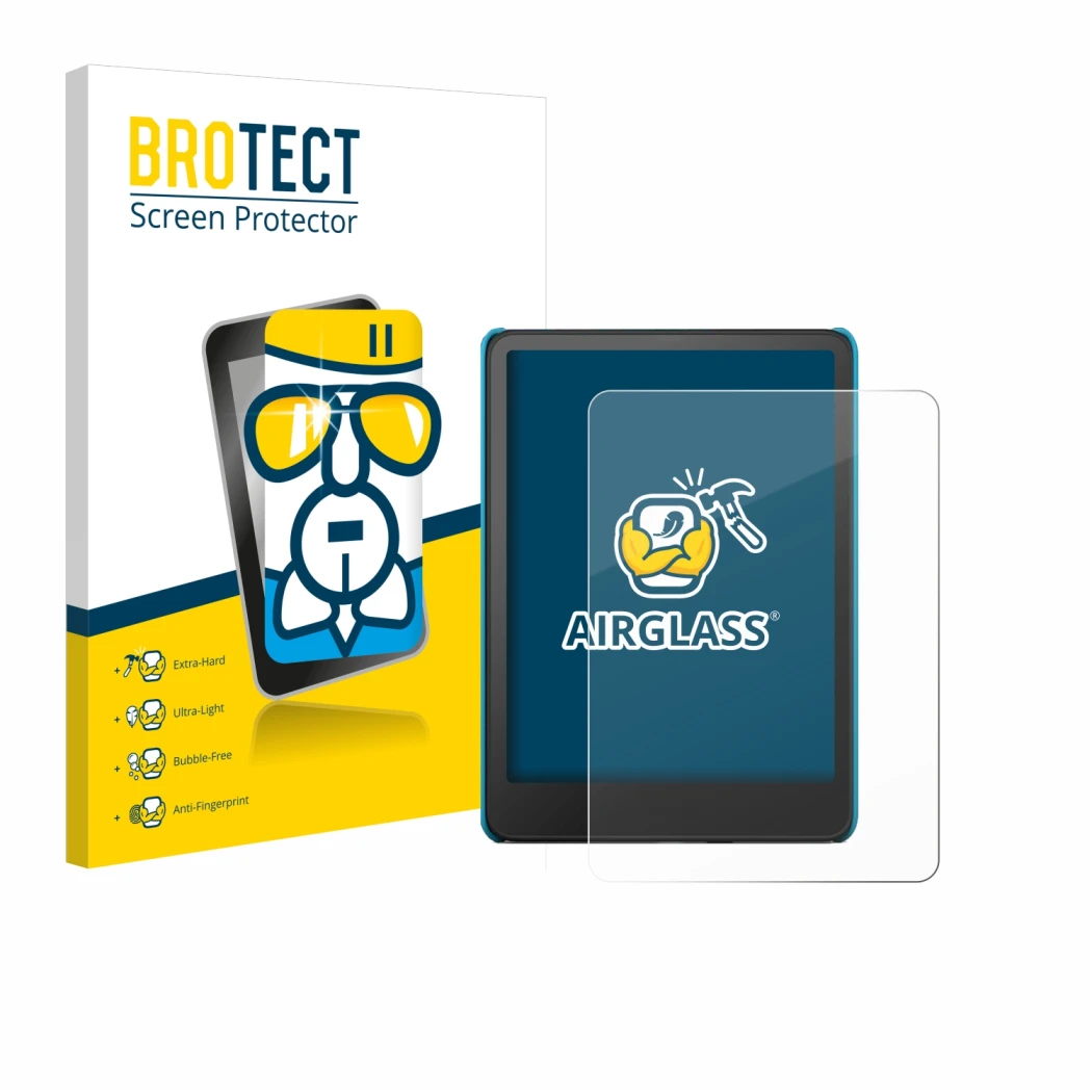 Vorderseite einer Produktverpackung mit dem Markenlogo BROTECT. Daneben ist das Gerät Amazon Kindle Paperwhite Kids 2024 mit d