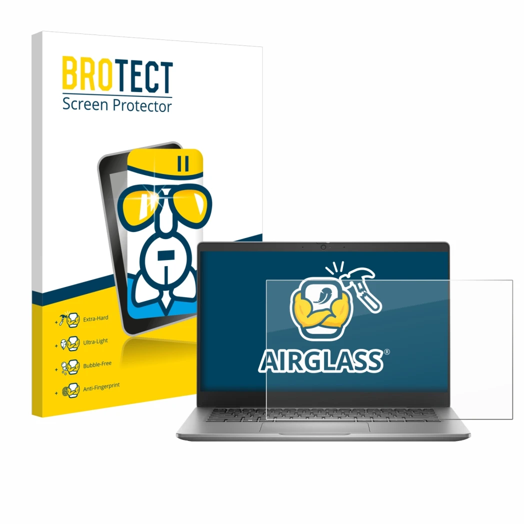 Vorderseite einer Produktverpackung mit dem Markenlogo BROTECT. Daneben ist das Gerät Dell Latitude 3340 Laptop 13.3