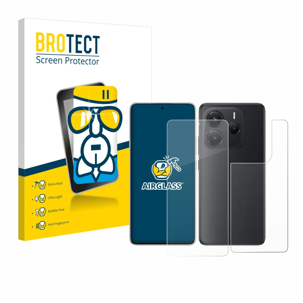 Vorderseite einer Produktverpackung mit dem Markenlogo BROTECT. Daneben ist das Gerät Xiaomi Redmi Note 14 (Display+Rückseite)