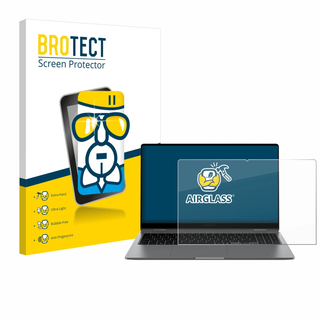 Vorderseite einer Produktverpackung mit dem Markenlogo BROTECT. Daneben ist das Gerät Samsung Galaxy Book5 360 15.6