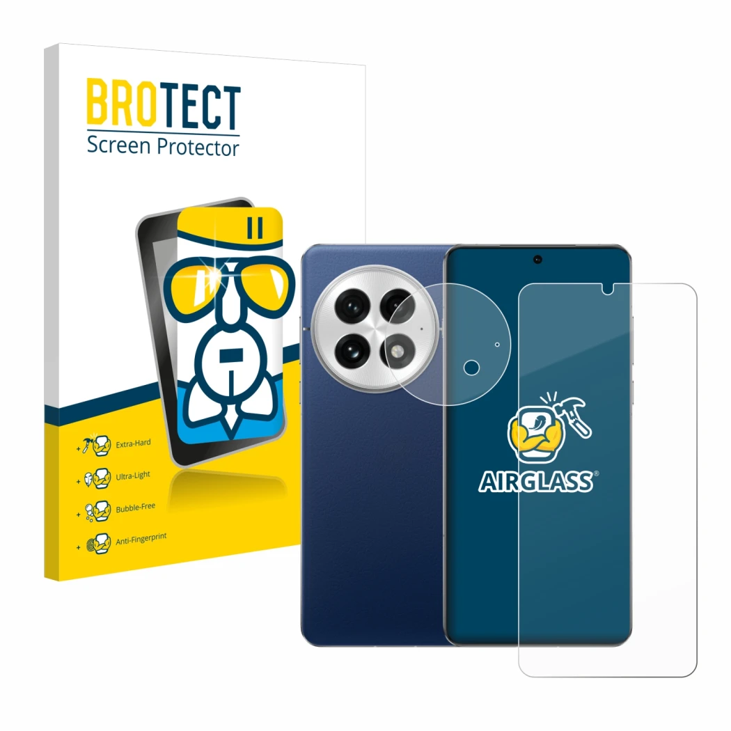 Vorderseite einer Produktverpackung mit dem Markenlogo BROTECT. Daneben ist das Gerät OnePlus 13 (Display+Kamera) mit dem zuge