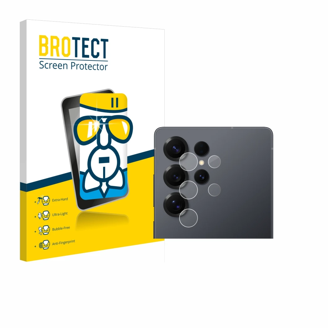 Vorderseite einer Produktverpackung mit dem Markenlogo BROTECT. Daneben ist das Gerät Samsung Galaxy S25 Ultra (NUR Kameraschu