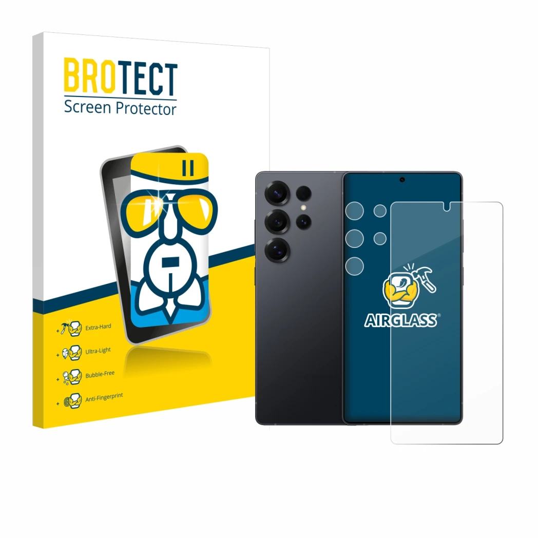 Vorderseite einer Produktverpackung mit dem Markenlogo BROTECT. Daneben ist das Gerät Samsung Galaxy S25 Ultra (Display+Kamera
