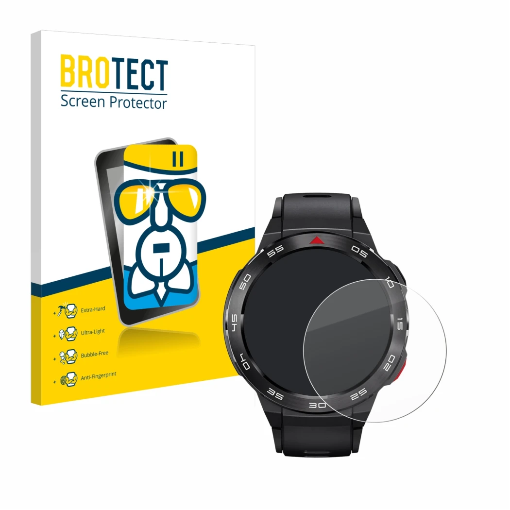 Vorderseite einer Produktverpackung mit dem Markenlogo BROTECT. Daneben ist das Gerät Xiaomi Mibro GS Pro mit dem zugehörigen 