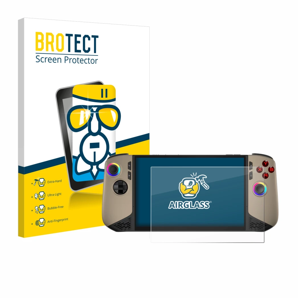 Vorderseite einer Produktverpackung mit dem Markenlogo BROTECT. Daneben ist das Gerät MSI Claw 8 AI+ mit dem zugehörigen Displ