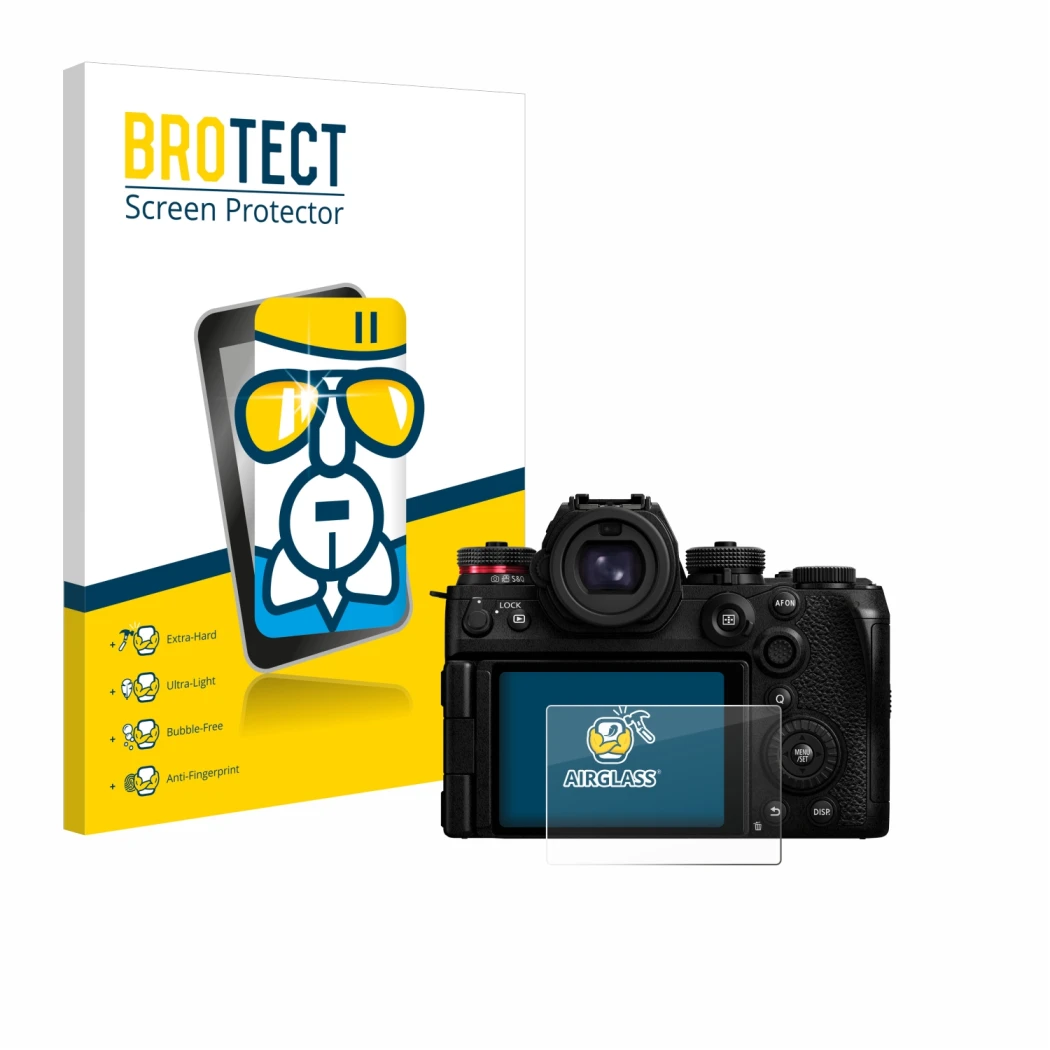 Vorderseite einer Produktverpackung mit dem Markenlogo BROTECT. Daneben ist das Gerät Panasonic Lumix S1R II mit dem zugehörig