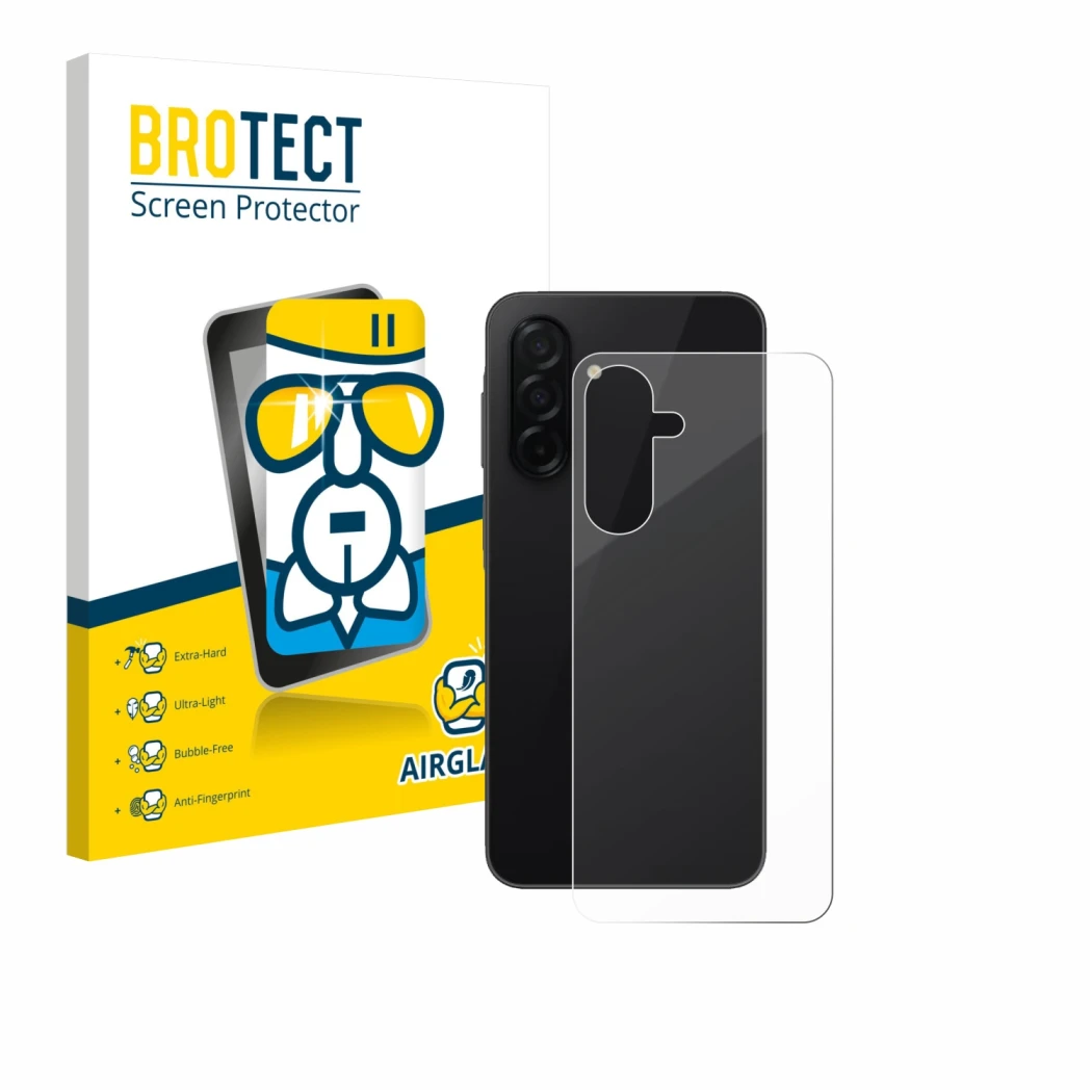 Vorderseite einer Produktverpackung mit dem Markenlogo BROTECT. Daneben ist das Gerät Samsung Galaxy A26 5G (Rückseite) mit de