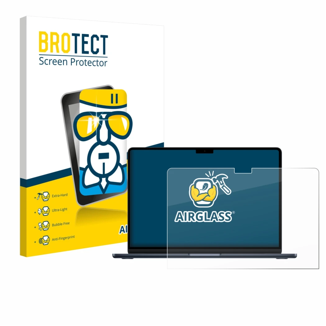 Vorderseite einer Produktverpackung mit dem Markenlogo BROTECT. Daneben ist das Gerät Apple MacBook Air 13