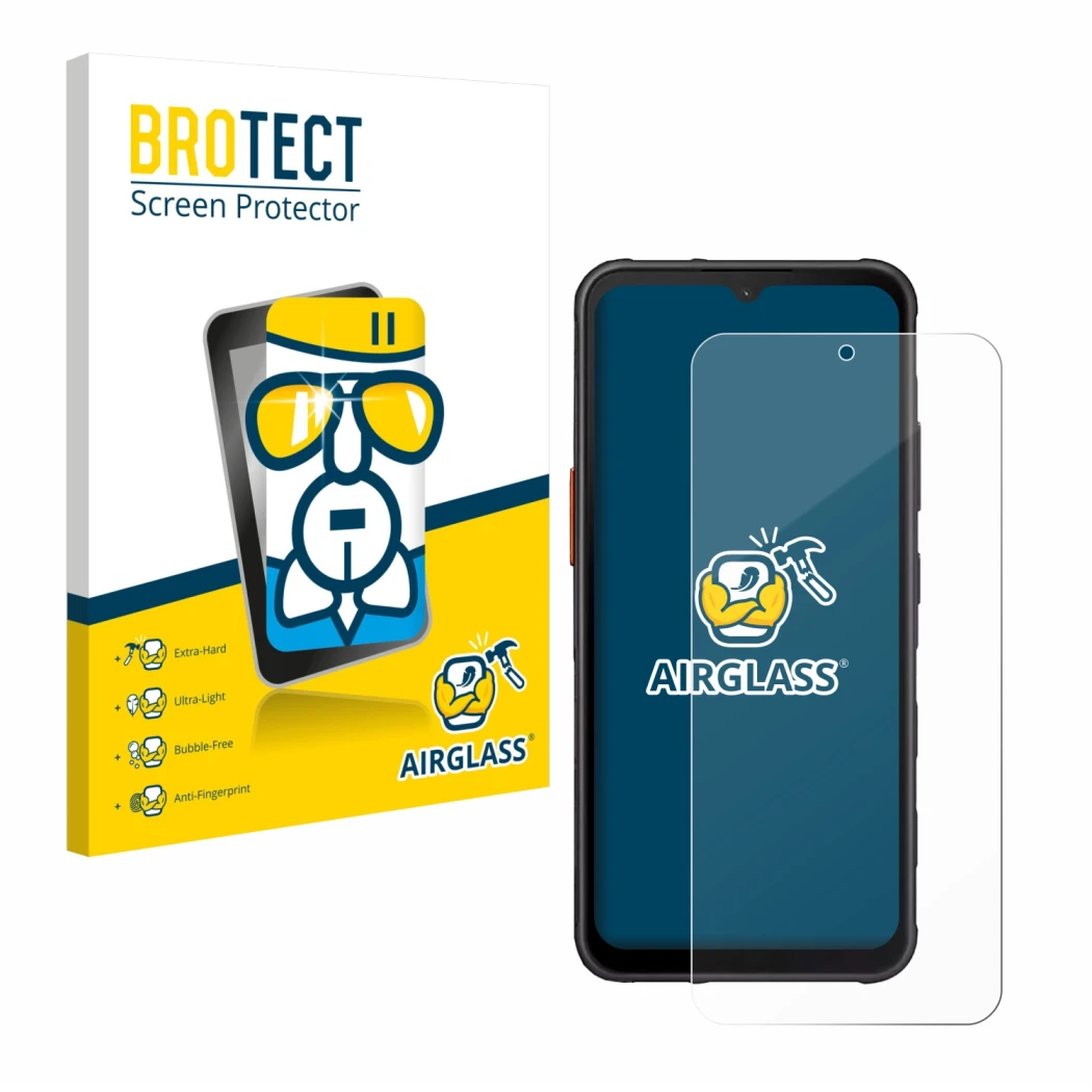 Vorderseite einer Produktverpackung mit dem Markenlogo BROTECT. Daneben ist das Gerät Samsung Galaxy XCover 7 Pro mit dem zuge