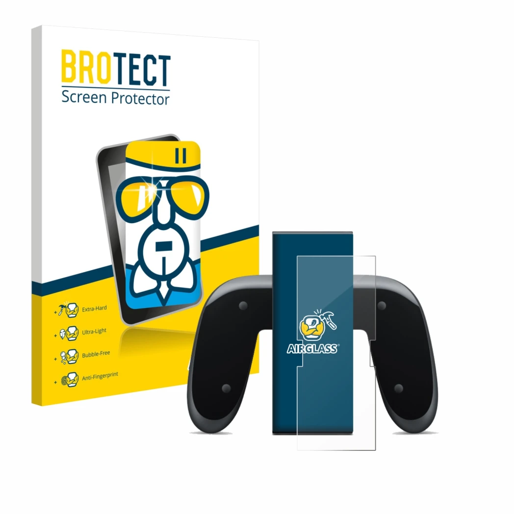 Vorderseite einer Produktverpackung mit dem Markenlogo BROTECT. Daneben ist das Gerät Nintendo Switch 2 Joy-Con 2-Holder mit d