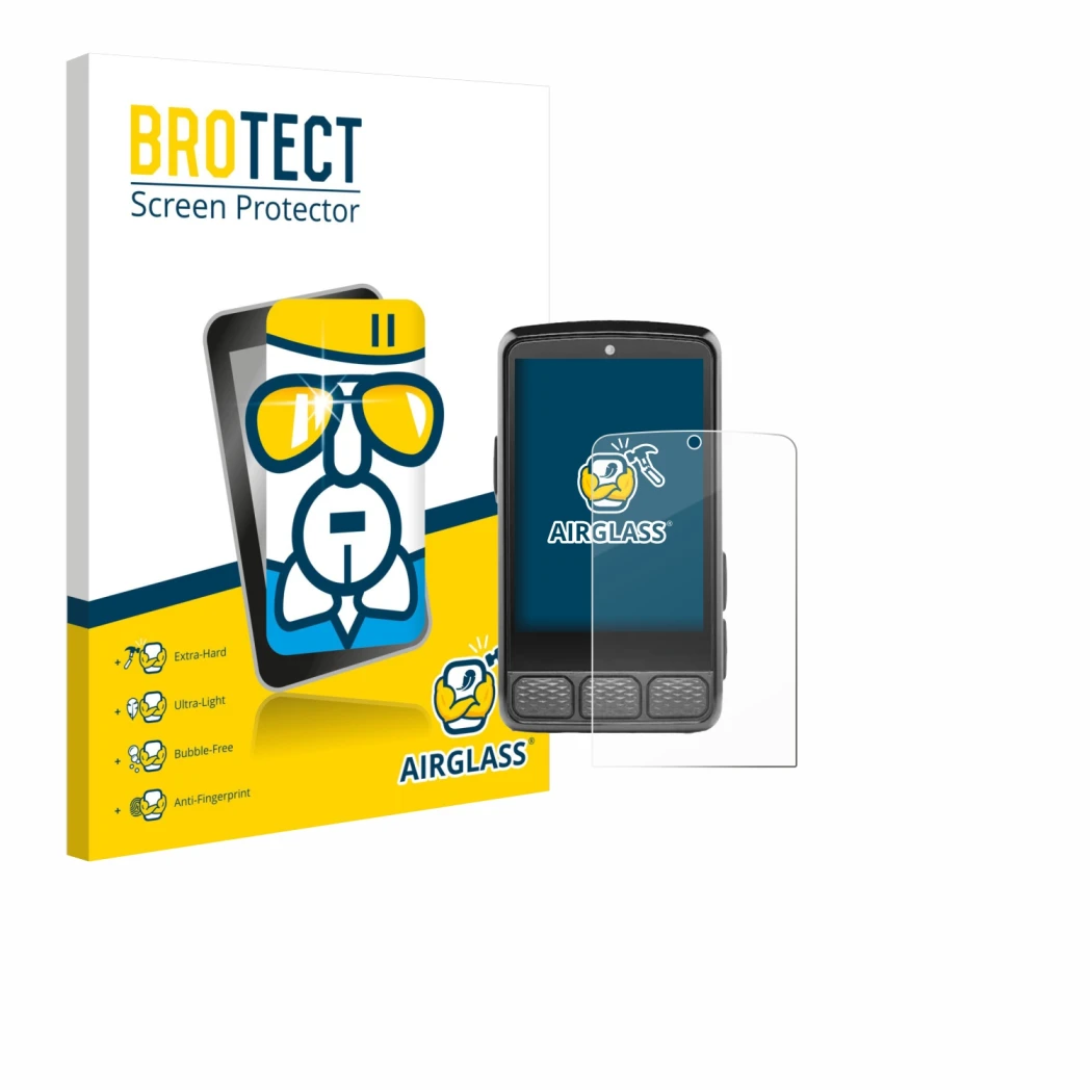 Vorderseite einer Produktverpackung mit dem Markenlogo BROTECT. Daneben ist das Gerät Wahoo Elemnt Roam V3 mit dem zugehörigen