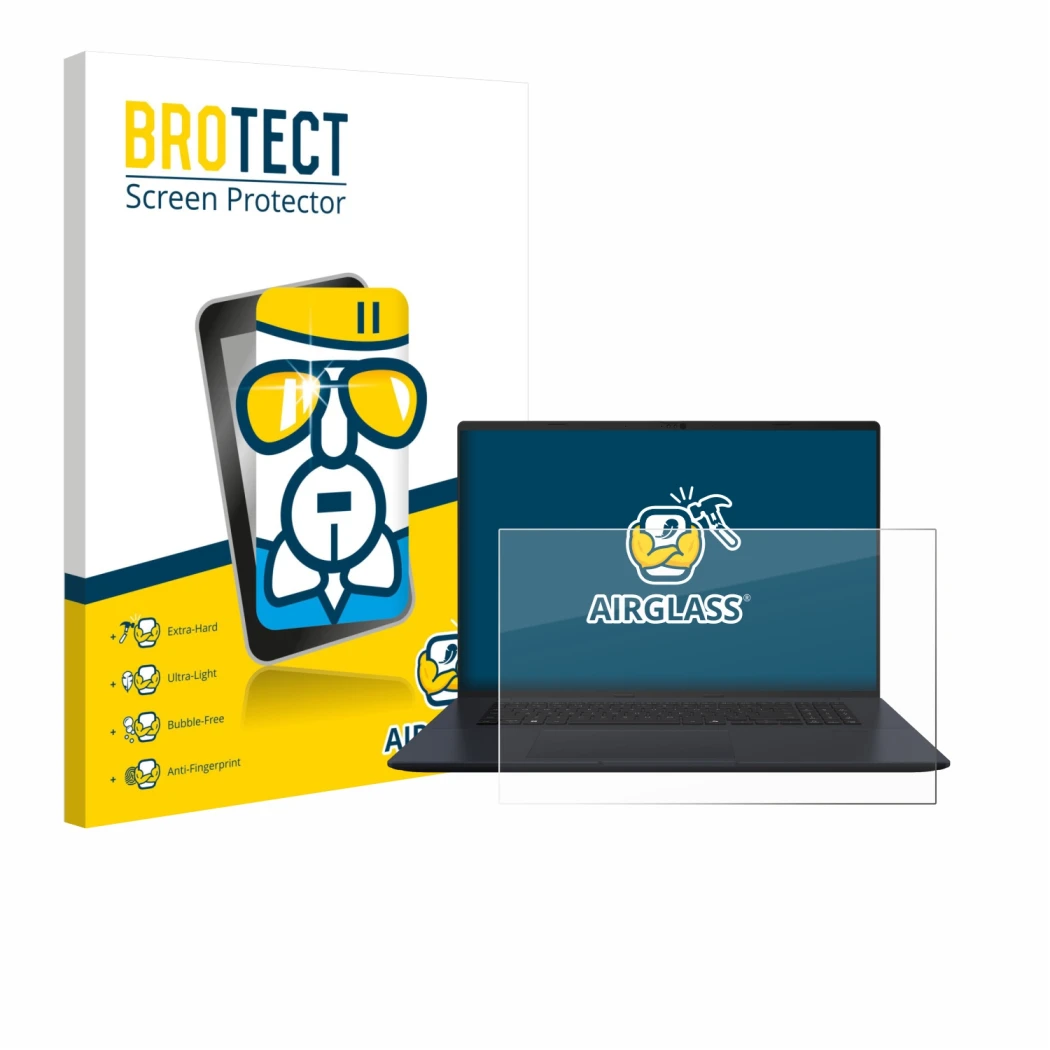 Vorderseite einer Produktverpackung mit dem Markenlogo BROTECT. Daneben ist das Gerät ASUS Vivobook 18 M1807 mit dem zugehörig