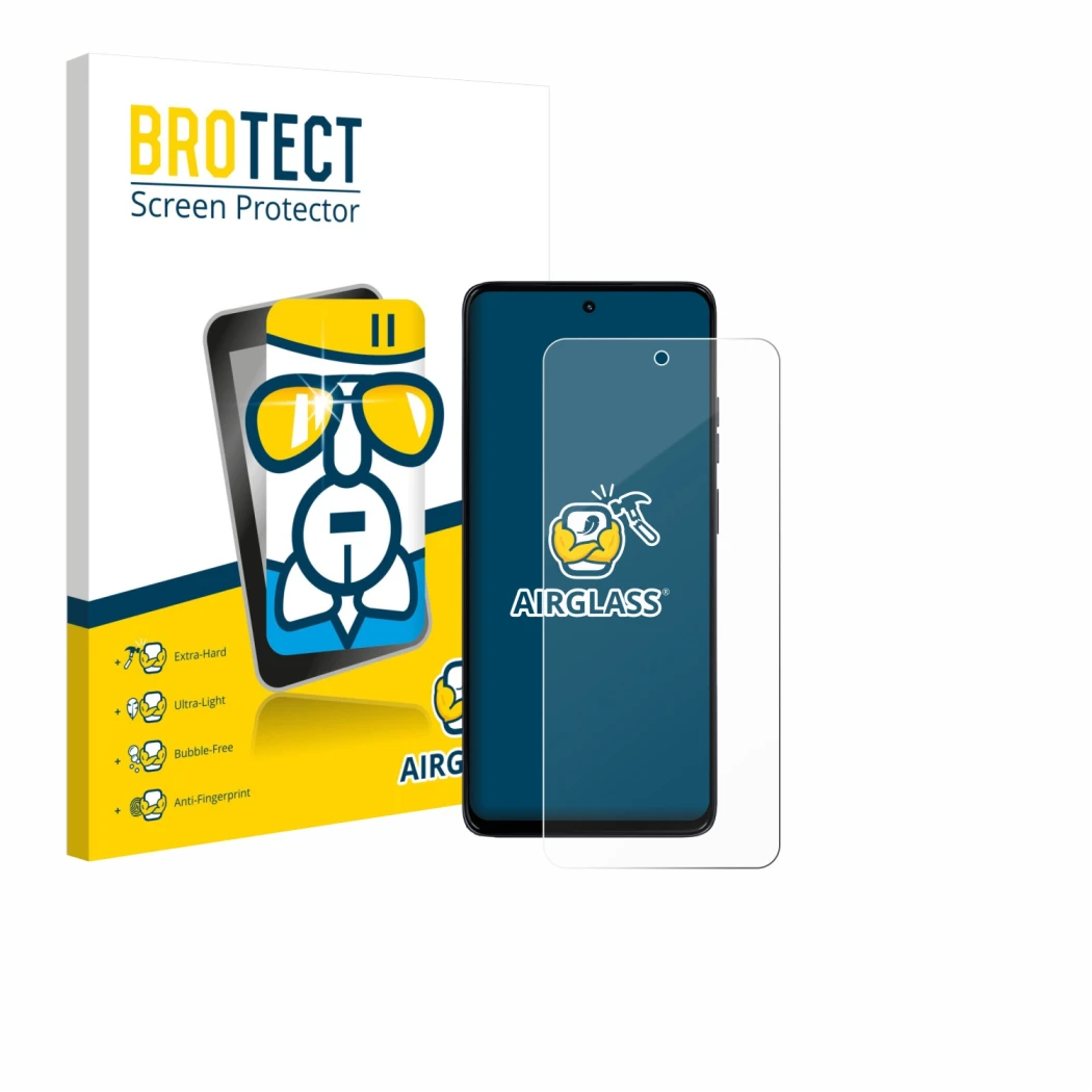 Vorderseite einer Produktverpackung mit dem Markenlogo BROTECT. Daneben ist das Gerät Motorola Moto G56 mit dem zugehörigen Di