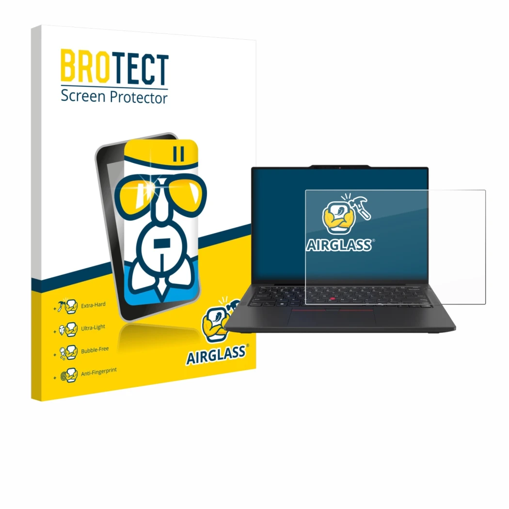 Vorderseite einer Produktverpackung mit dem Markenlogo BROTECT. Daneben ist das Gerät Lenovo ThinkPad X13 Gen 6 mit dem zugehö