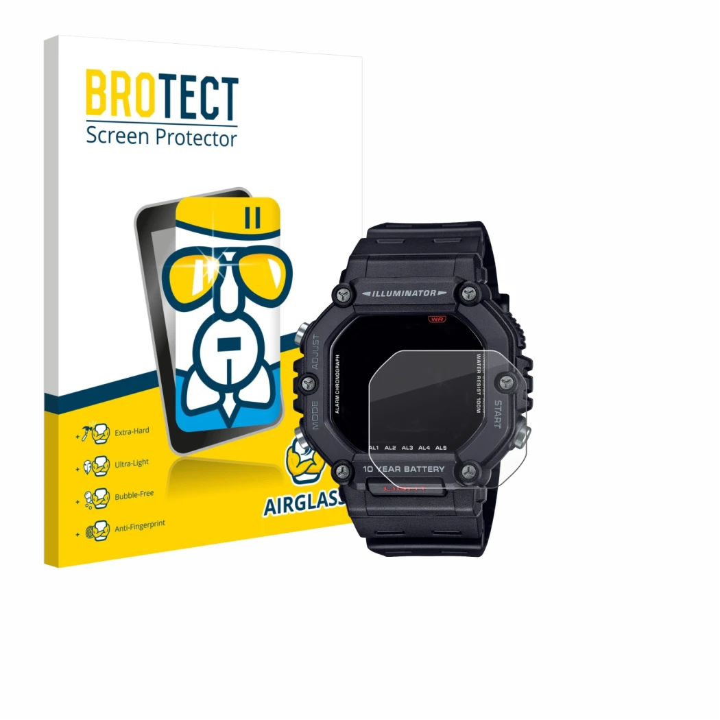 Vorderseite einer Produktverpackung mit dem Markenlogo BROTECT. Daneben ist das Gerät Casio AE-1600H mit dem zugehörigen Displ
