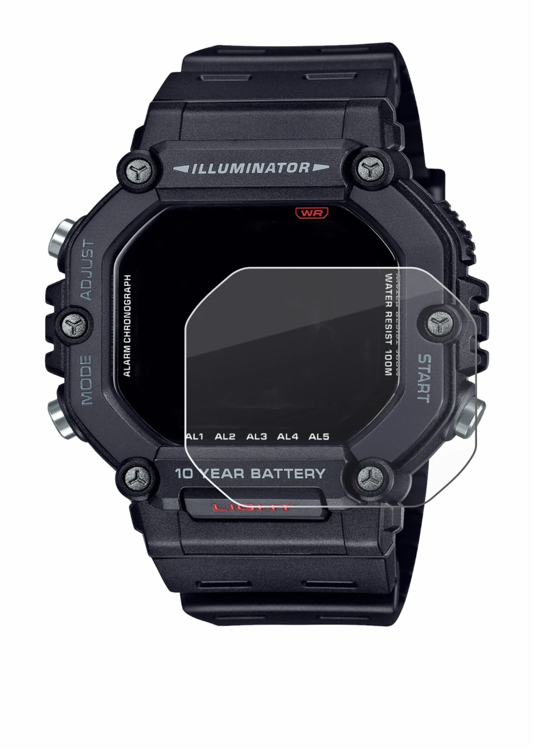 Abbildung des Geräts Casio AE-1600H mit einer Vielzahl des Displayschutzes.