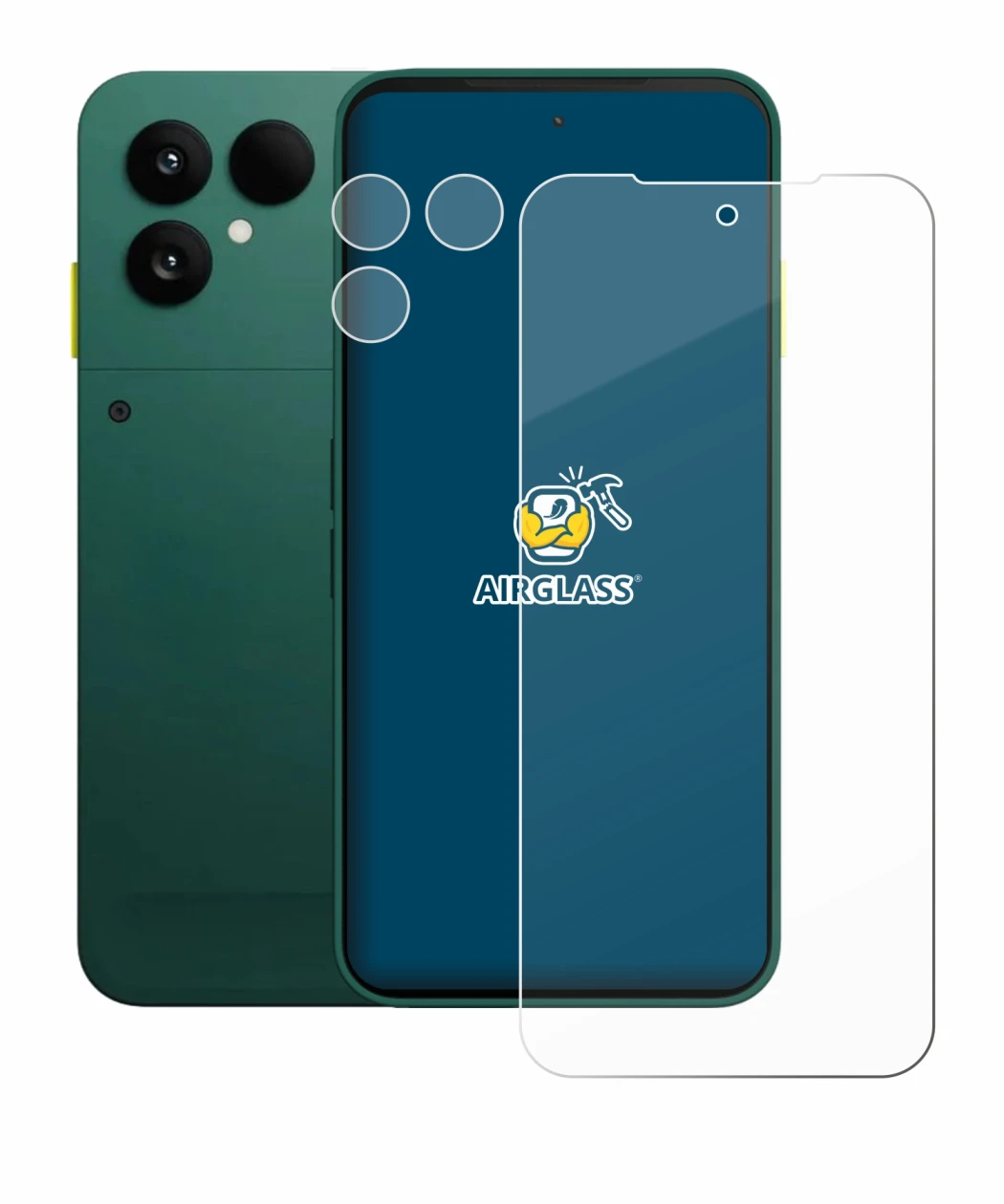 Abbildung des Geräts Fairphone 6 (Display+Kamera) mit einer Vielzahl des Displayschutzes.
