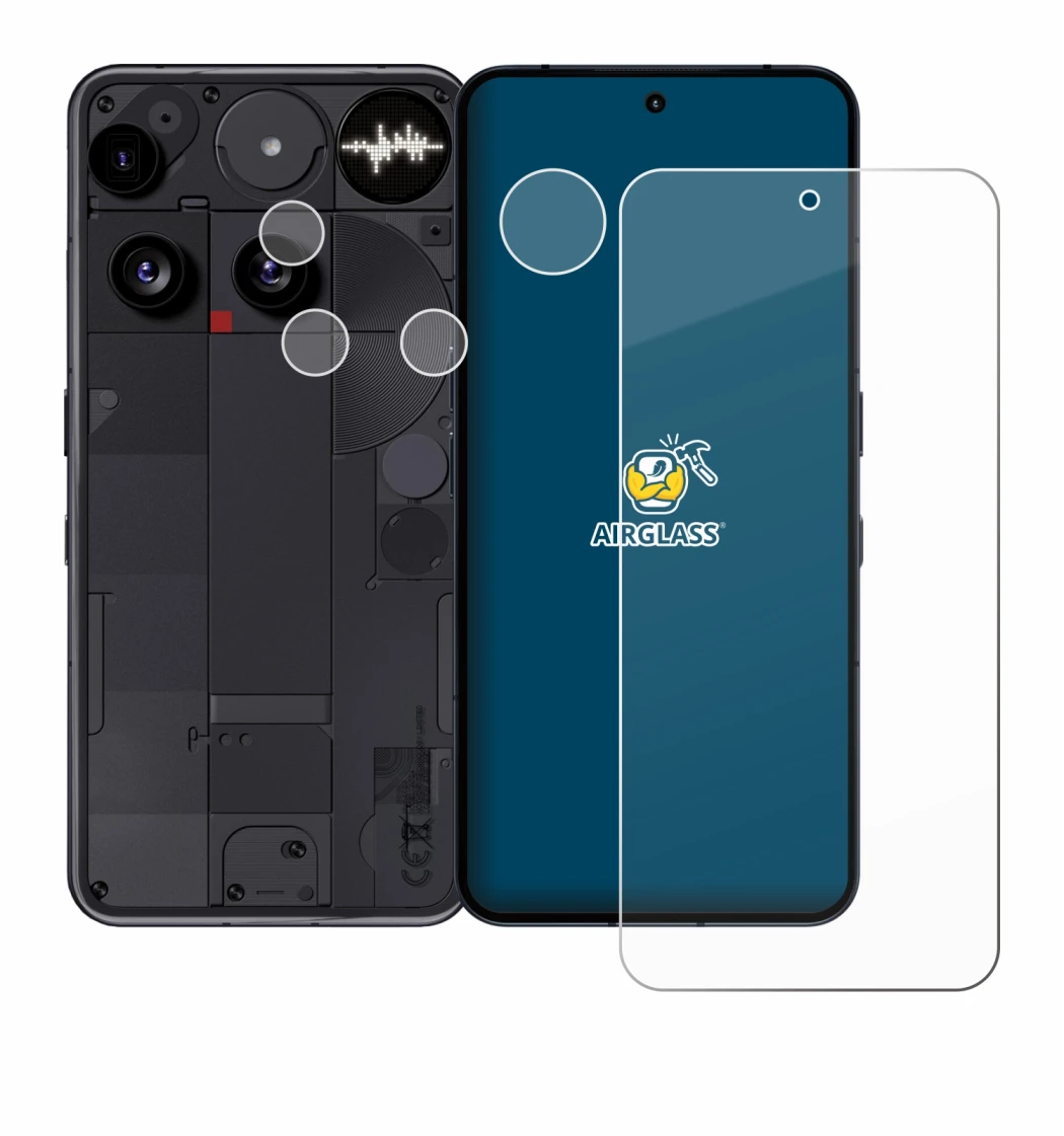 Abbildung des Geräts Nothing Phone (3) (Display+Kamera) mit einer Vielzahl des Displayschutzes.