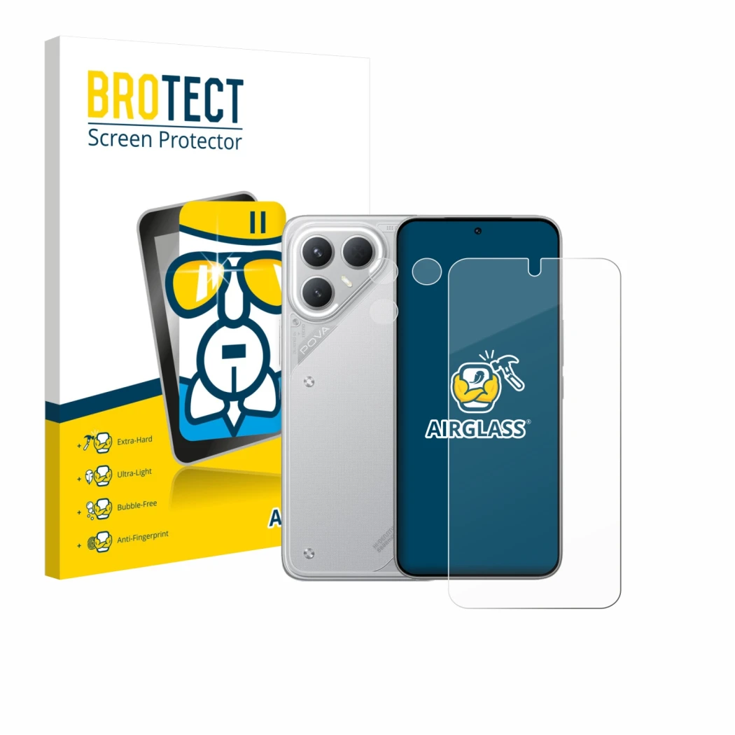 Vorderseite einer Produktverpackung mit dem Markenlogo BROTECT. Daneben ist das Gerät Tecno Pova 7 Pro (Display+Kamera) mit de