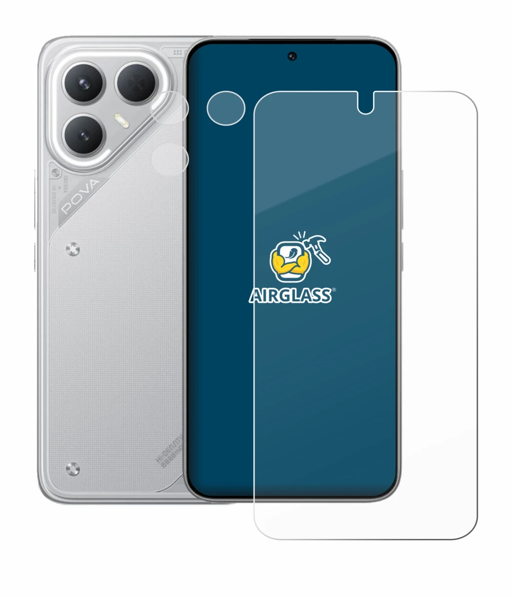 Abbildung des Geräts Tecno Pova 7 Pro (Display+Kamera) mit einer Vielzahl des Displayschutzes.