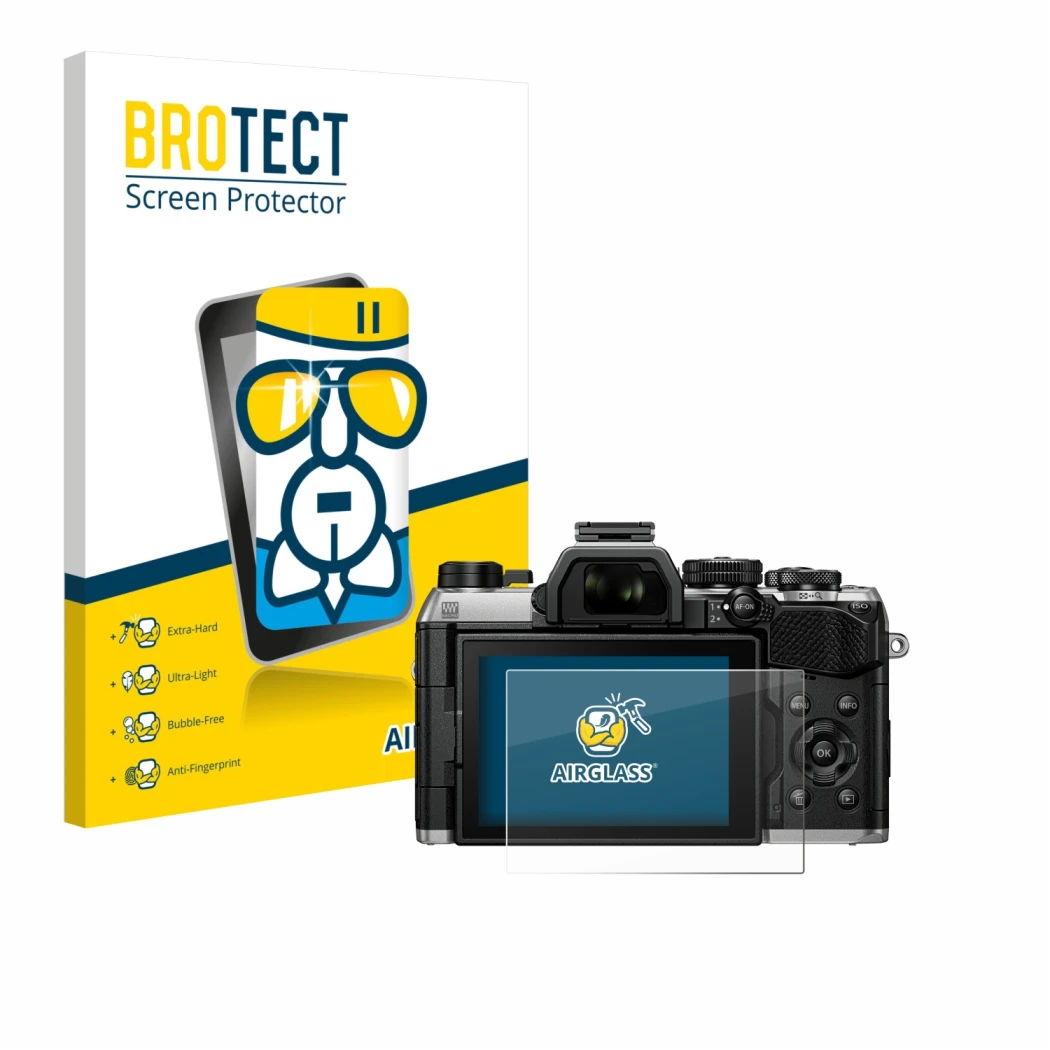 Vorderseite einer Produktverpackung mit dem Markenlogo BROTECT. Daneben ist das Gerät Olympus OM System OM-5 Mark II mit dem z