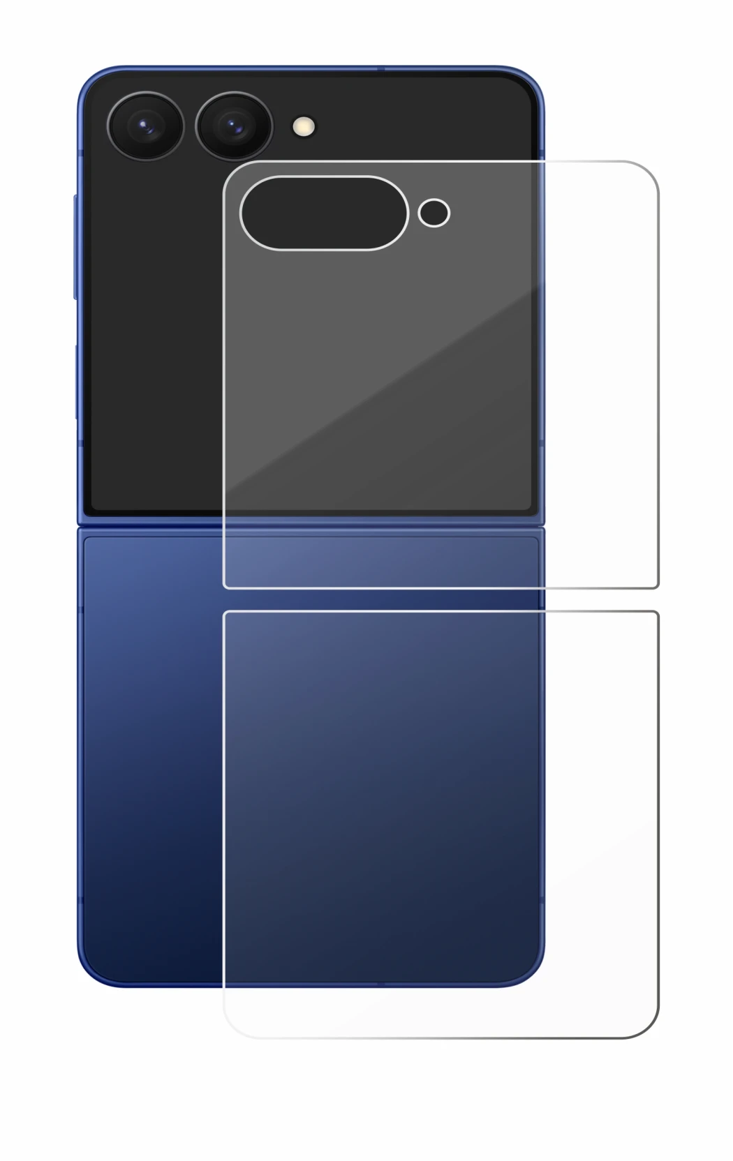 Abbildung des Geräts Samsung Galaxy Z Flip 7 (Rückseite) mit einer Vielzahl des Displayschutzes.