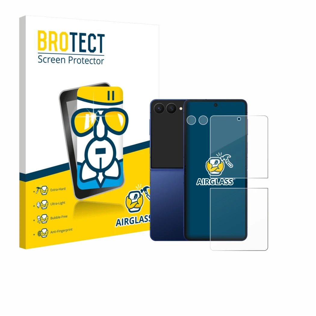 Vorderseite einer Produktverpackung mit dem Markenlogo BROTECT. Daneben ist das Gerät Samsung Galaxy Z Flip 7 (Display+Kamera)