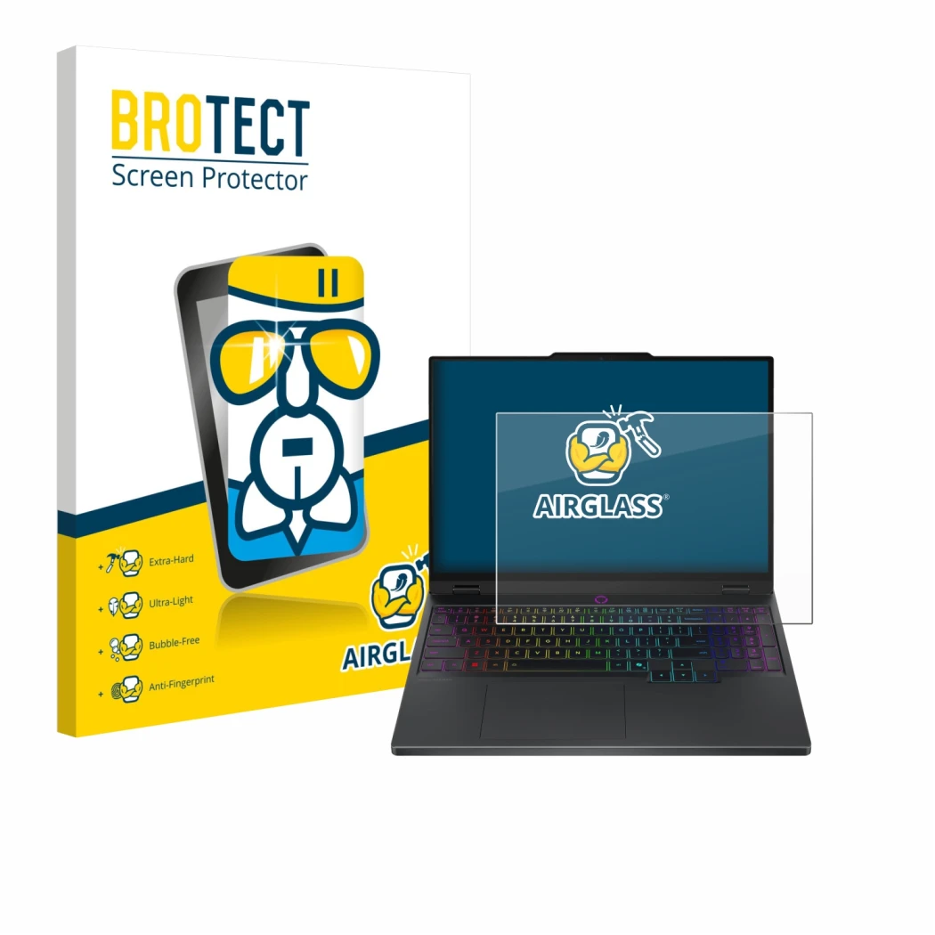 Vorderseite einer Produktverpackung mit dem Markenlogo BROTECT. Daneben ist das Gerät Lenovo Legion 5 15IRX10 83LY mit dem zug