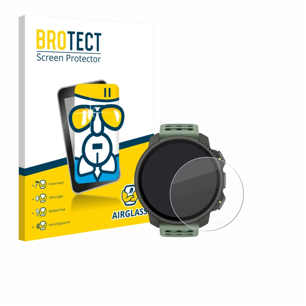 Vorderseite einer Produktverpackung mit dem Markenlogo BROTECT. Daneben ist das Gerät Suunto Vertical 2 mit dem zugehörigen Di