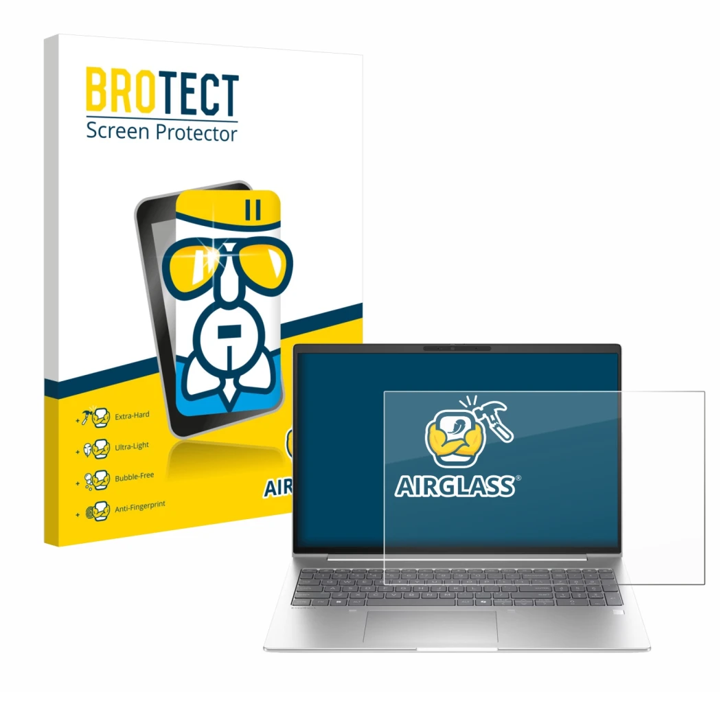 Vorderseite einer Produktverpackung mit dem Markenlogo BROTECT. Daneben ist das Gerät HP EliteBook 6 G1i 16 mit dem zugehörige