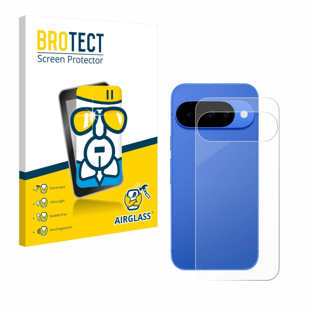 Vorderseite einer Produktverpackung mit dem Markenlogo BROTECT. Daneben ist das Gerät Google Pixel 10 (Rückseite) mit dem zuge