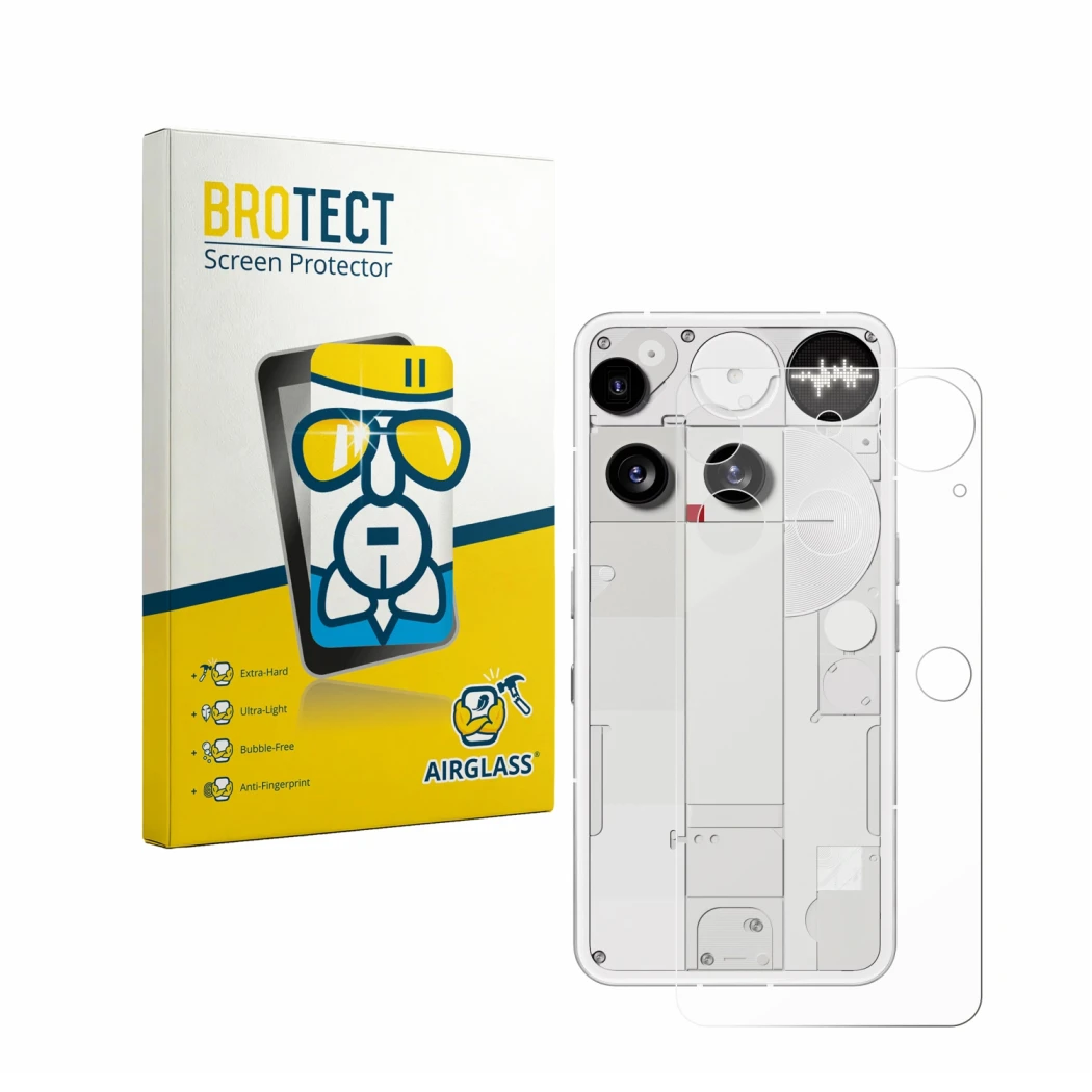 Vorderseite einer Produktverpackung mit dem Markenlogo BROTECT. Daneben ist das Gerät Nothing Phone (3) (Rückseite) mit dem zu