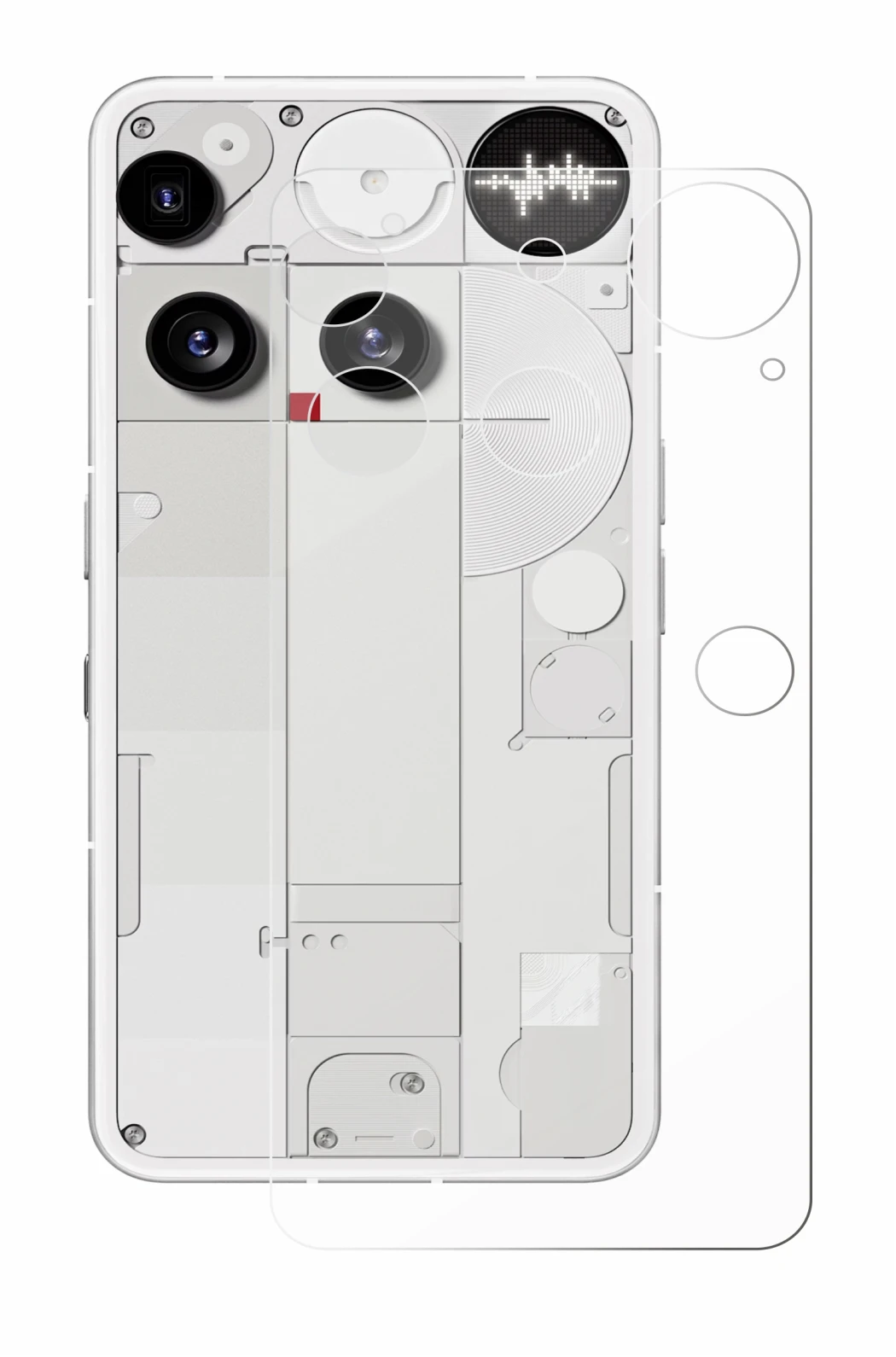 Abbildung des Geräts Nothing Phone (3) (Rückseite) mit einer Vielzahl des Displayschutzes.