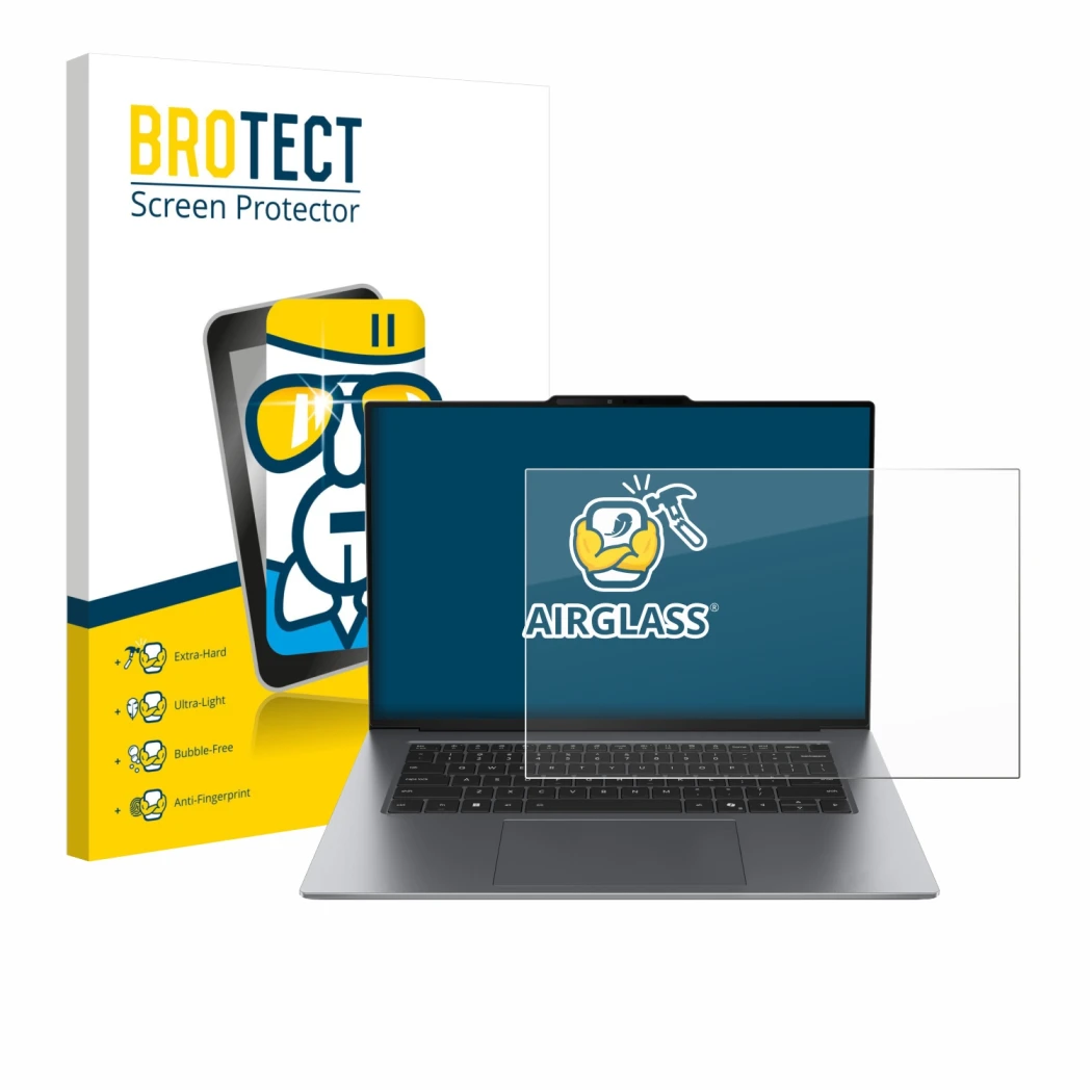 Vorderseite einer Produktverpackung mit dem Markenlogo BROTECT. Daneben ist das Gerät Lenovo ThinkPad X9 14 G1 mit dem zugehör