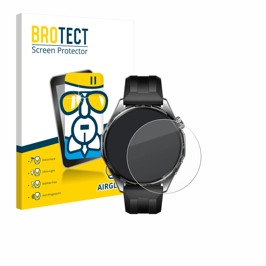 Vorderseite einer Produktverpackung mit dem Markenlogo BROTECT. Daneben ist das Gerät Huawei Watch GT 6 (46 mm) mit dem zugehö