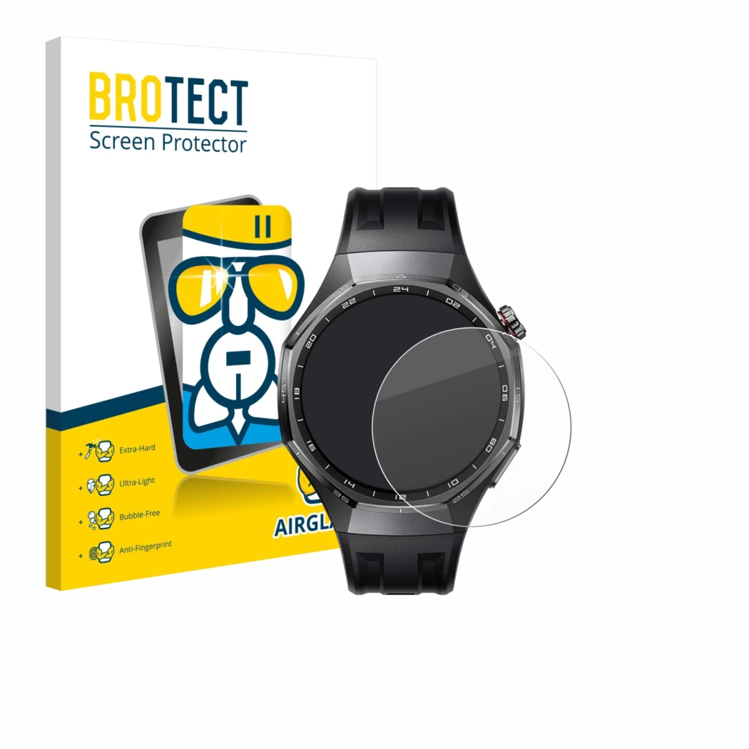 Vorderseite einer Produktverpackung mit dem Markenlogo BROTECT. Daneben ist das Gerät Huawei Watch GT 6 Pro (46 mm) mit dem zu