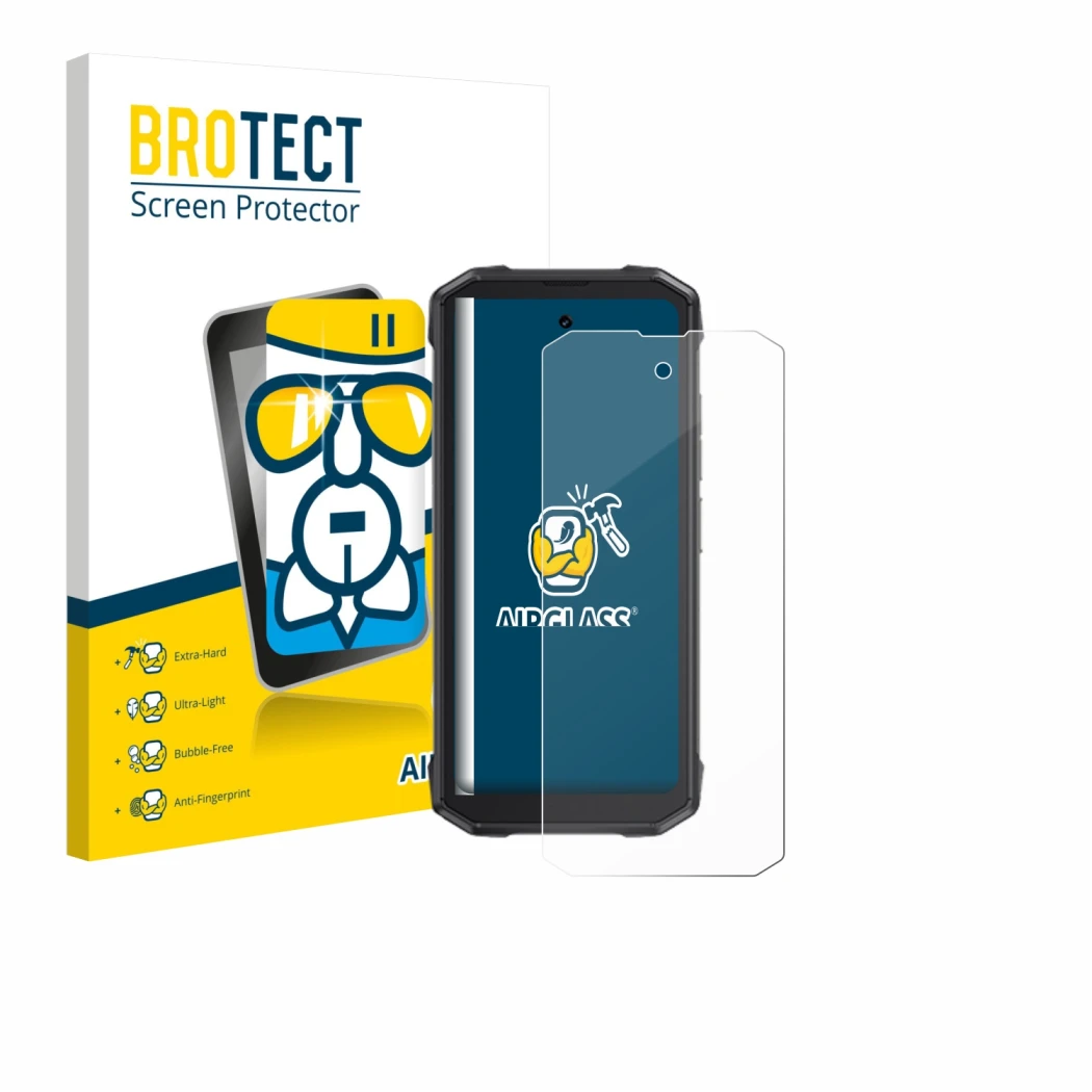 Vorderseite einer Produktverpackung mit dem Markenlogo BROTECT. Daneben ist das Gerät Cubot King Kong Mini 4 mit dem zugehörig