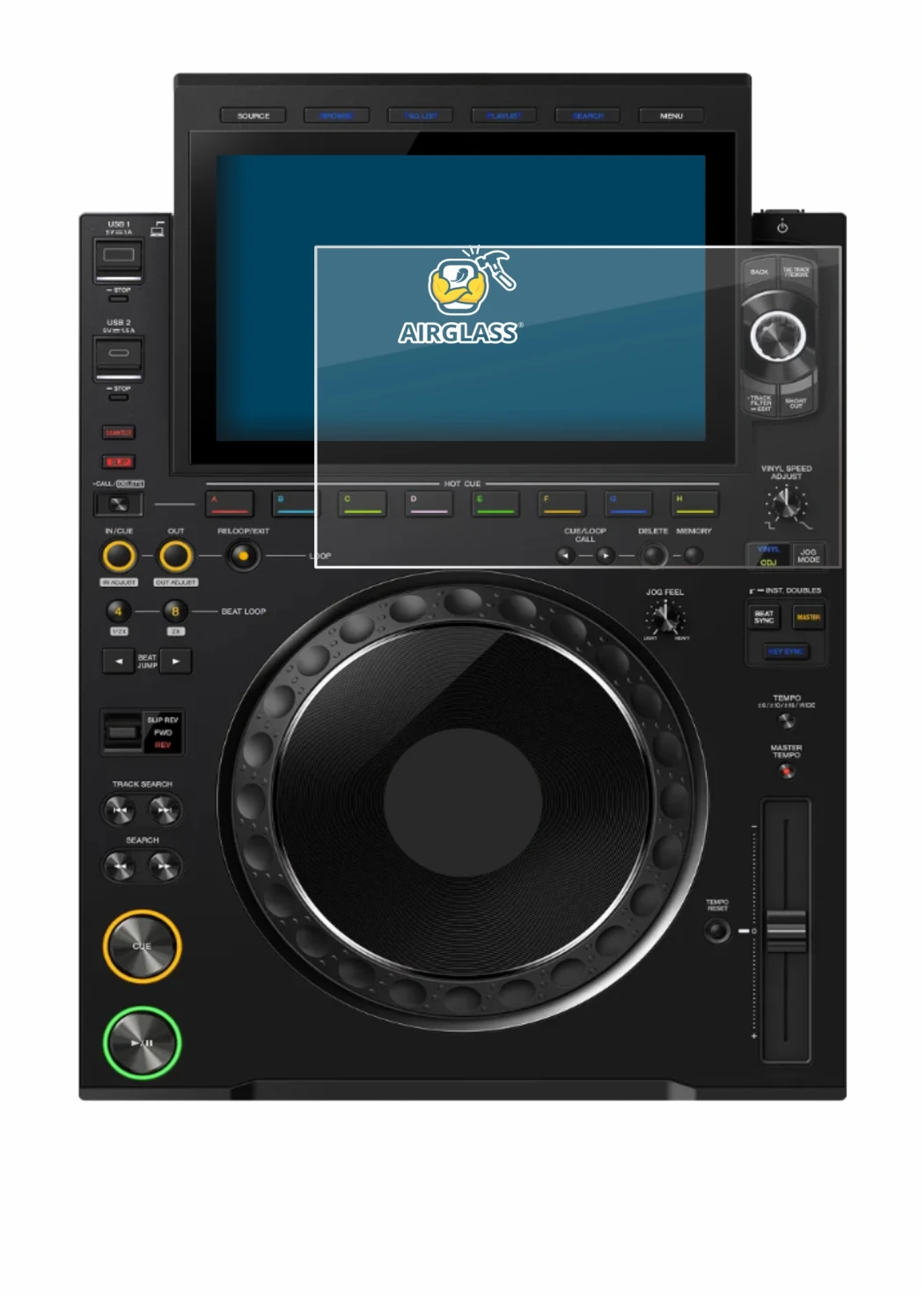 Abbildung des Geräts Pioneer CDJ 3000X mit einer Vielzahl des Displayschutzes.