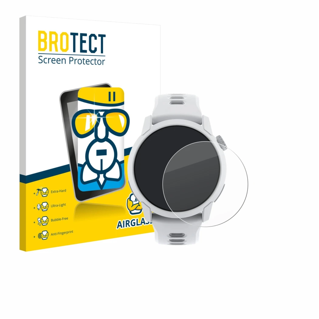 Vorderseite einer Produktverpackung mit dem Markenlogo BROTECT. Daneben ist das Gerät Coros Pace 4 mit dem zugehörigen Display