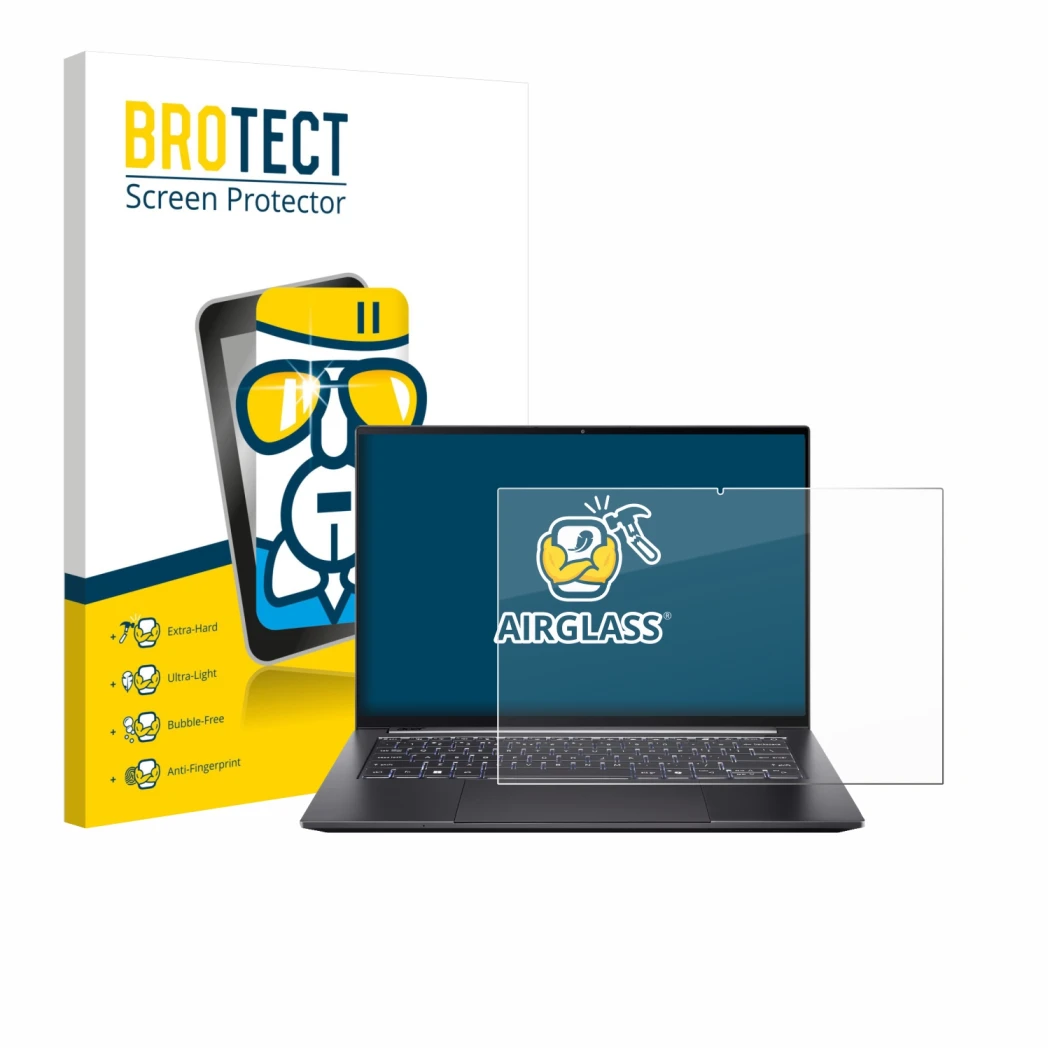 Vorderseite einer Produktverpackung mit dem Markenlogo BROTECT. Daneben ist das Gerät Acer Swift X 14 SFX14-73G Touch mit dem 