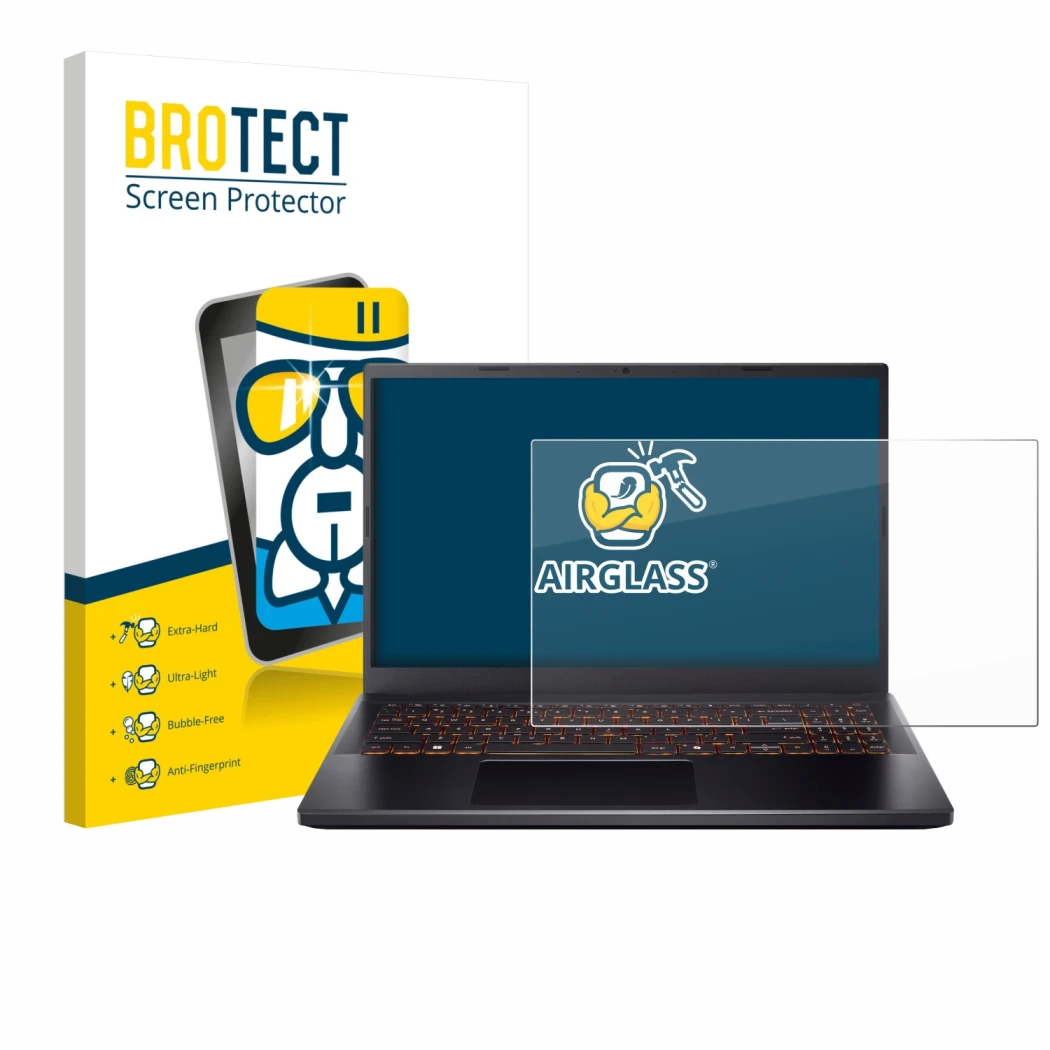 Vorderseite einer Produktverpackung mit dem Markenlogo BROTECT. Daneben ist das Gerät Acer Nitro V 15 mit dem zugehörigen Disp